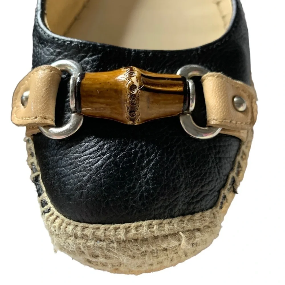 Etienne Aigner Black Leather Flat Espadrille /Tortoise Shell & Silver Accents